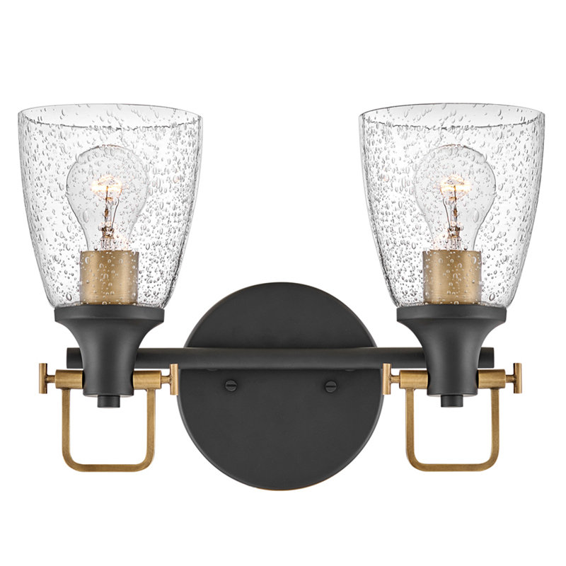Easton Two-Light Bath Vanity Fixture w/ Clear Seedy Glass Shades, Lacquered Brass/Black