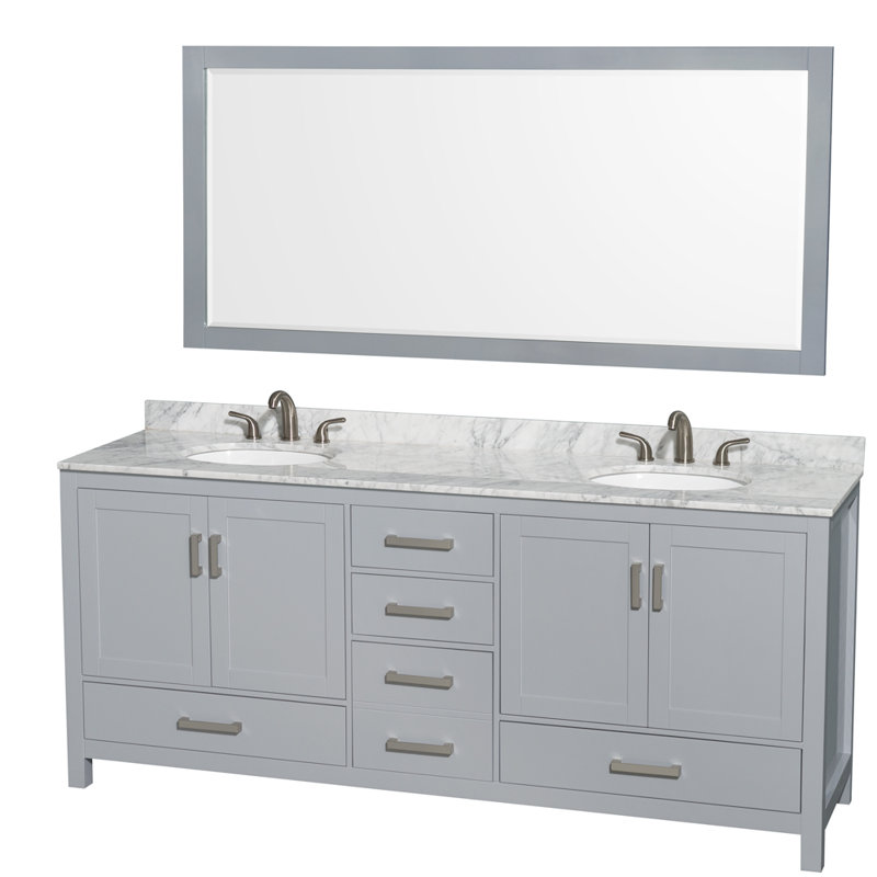 Sheffield 80" Freestanding Double Bathroom Vanity with Marble Top with 70" Mirror, White Carrara Marble
