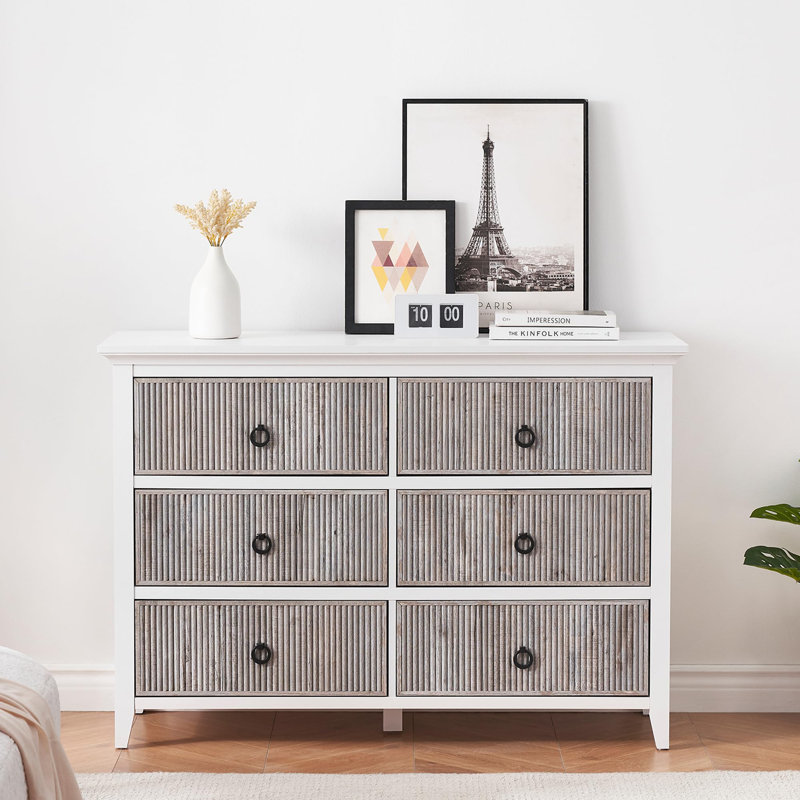 Commode double 6 tiroirs Odran, Gris / blanc