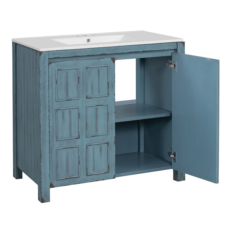 Meuble-lavabo 36 po avec lavabo en céramique, Bleu rétro