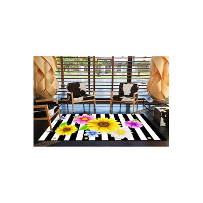 Daisy Modern Floral Gray Striped Decorative Machine Washable Rug