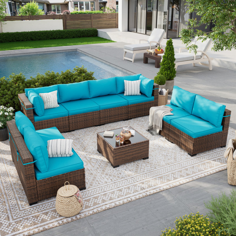 Ensemble de conversation modulaire en rotin avec table basse, Bleu ciel