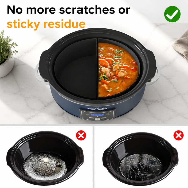 6 Quart Programmable Slow Cooker with 2 in 1 Silicone Liners, Digital Timer, Blue, Blue