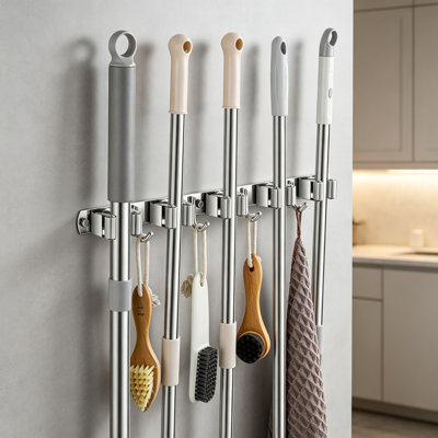 Heavy Duty Broom Holder Wall Mount With 5 Racks And 4 Hooks, Stainless Steel Mop And Tool Organizer For Garage, Laundry Room, Kitchen, And Garden