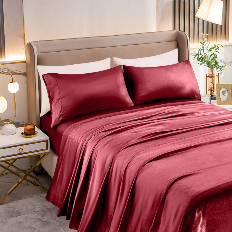 Elegant Comfort Luxurious 4-Piece Silky Satin Sheet Set, Skin And Hair Friendly, Wrinkle, Fade, Stain Resistant With Deep Pockets Fitted Sheet, Cooling Soft Satin Sheet Set