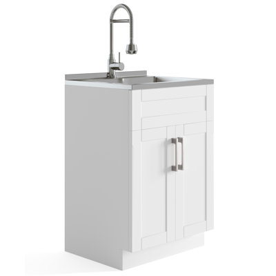 Hennessy 24"W Utility Sink & Laundry Cabinet with High Arc Faucet and Stainless Steel Sink, Pure White