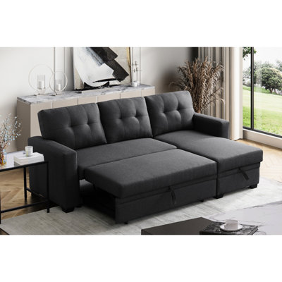 3 convertibles rembourrés en lin gris foncé avec méridienne coulissante et compartiment de rangement, rembourrage en mousse, canapé-lit simple, coussins de dossier amovibles, idéal pour les invités qui passent la nuit, 82 po