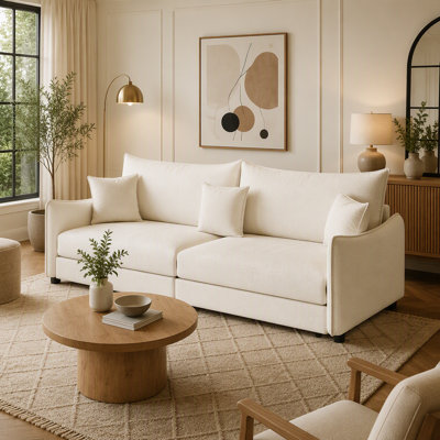 81.9" King Pull Out Sofa Bed,3-in-1 Convertible Sofa Bed with 3 Pillows & Golden Accent Detail Design, Modern Velvet 3-Seater Couch,for Small Space,Living Room,Beige/White