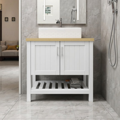 Meuble-lavabo moderne de 32 po avec lavabo et rangement | Meuble-lavabo en bois massif | Lavabo au-dessus du comptoir | Conception peu encombrante