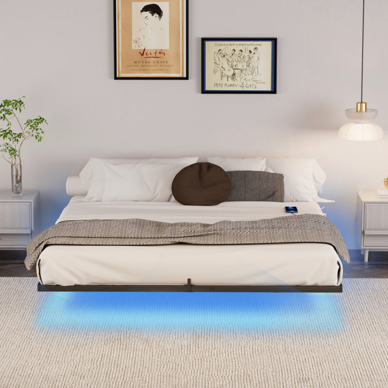 Floating Bed Frame With LED Lights & Charging Station, Metal Platform Bed, 79.9'' L X 60.2'' W X 7.9'' H. (Bed), King