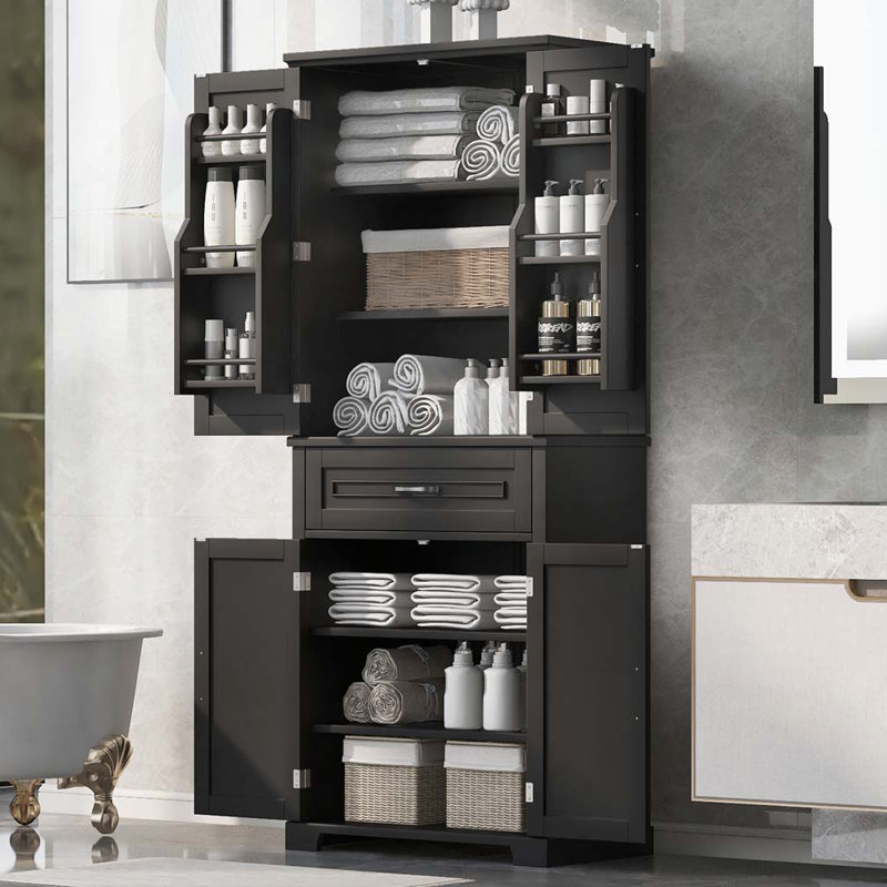 Freestanding Bathroom Storage Cabinet with Doors and Drawer, Multiple Storage Space, Adjustable Shelf, Black