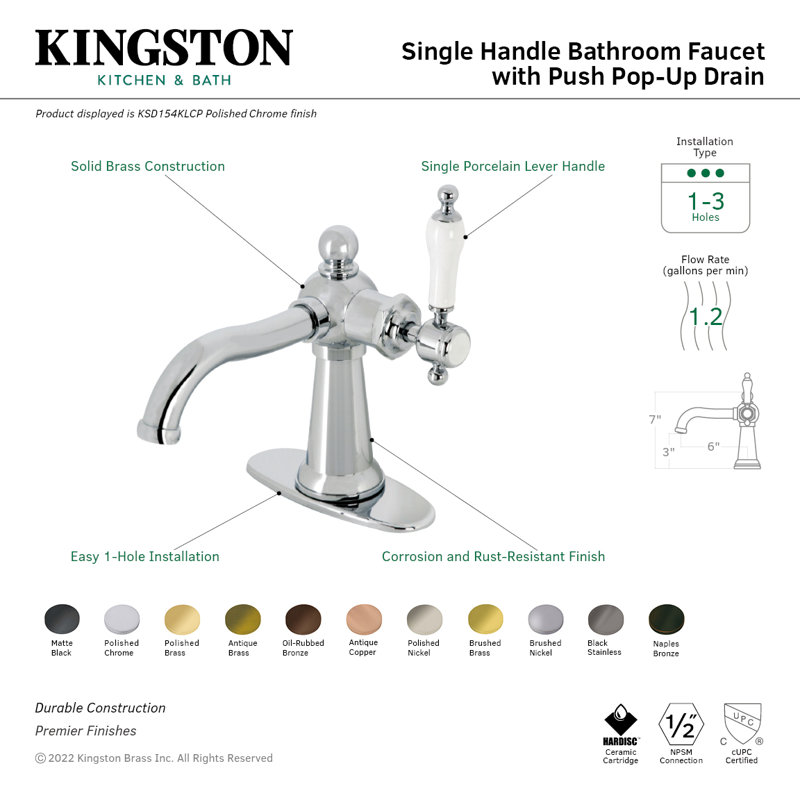 Robinet de salle de bain 1 poignée à fixation sur le comptoir avec poignée escamotable Kingston, Bronze de Naples