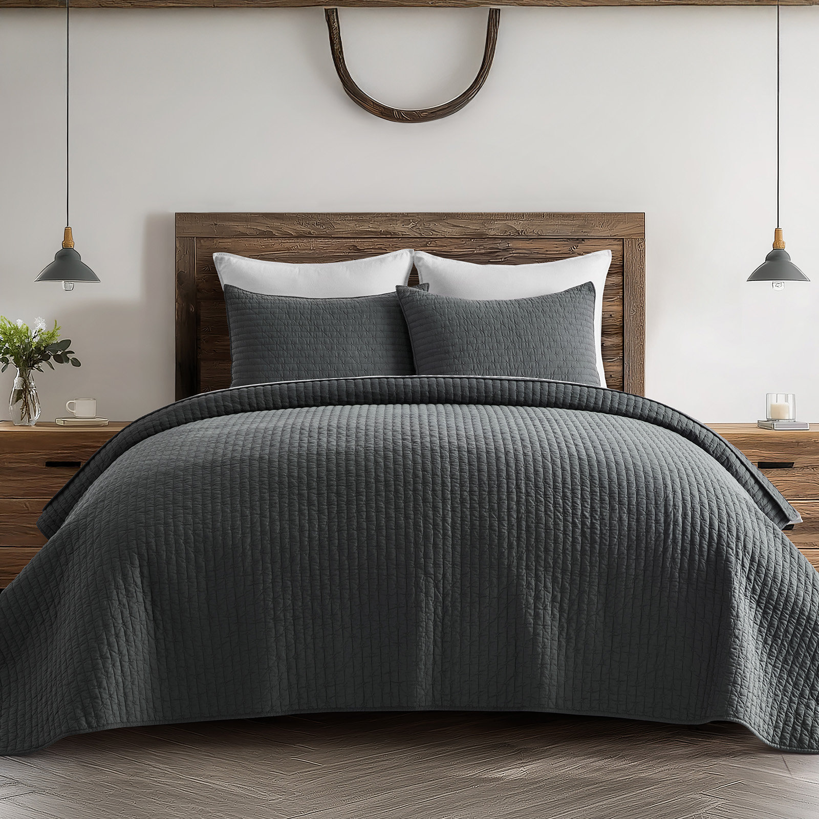 Cross Stitch Cotton Quilt set, King, Charcoal Black