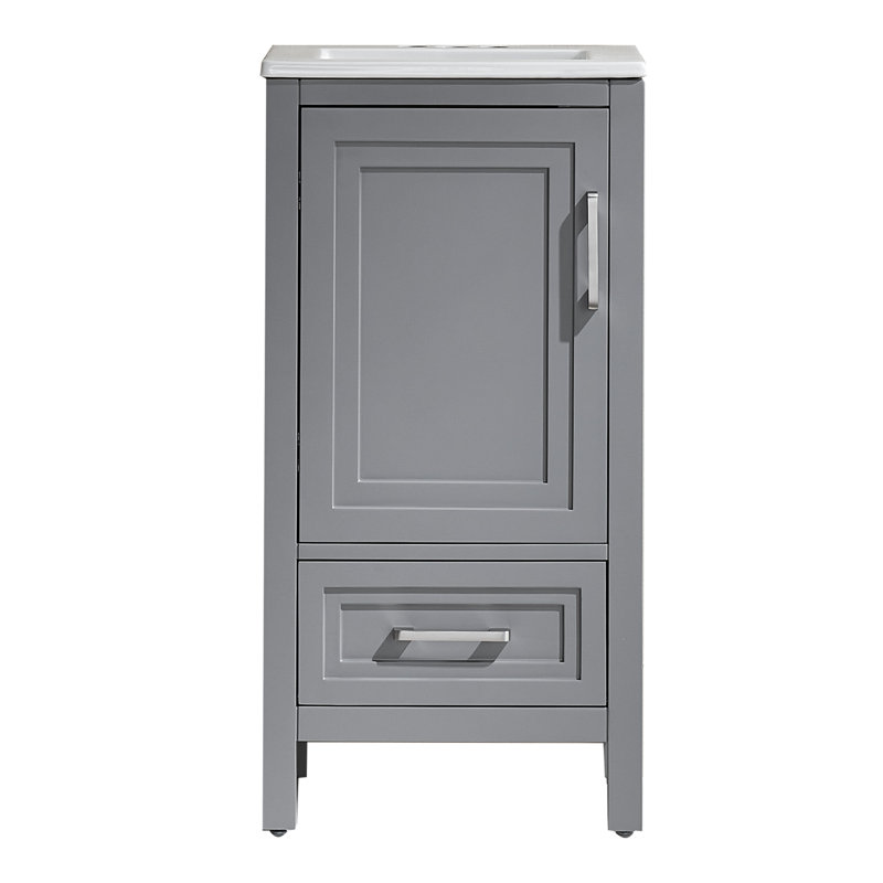 Ensemble de meuble-lavabo simple autoportant en bois massif 18 po avec lavabo intégré en céramique et 2 poignées, Gris