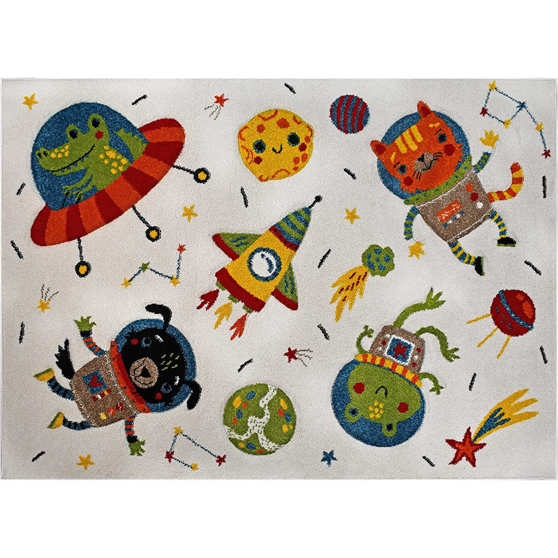 Area Rug Kids Bedroom Animal Friends Outer Space Modern Decor Nursery Playroom Carpet Mat, Rectangle 3'11" x 5'3"