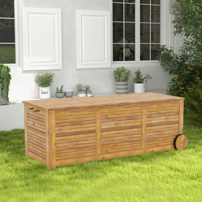 ONFRJFVR Banc de rangement en bois d'acacia massif résistant à l'eau avec roulettes brun de 48 gallons