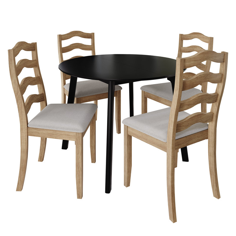 5-Piece Dining Set With Black Round Table And Natural Oak Upholstered Wave Horizontal Slat Back Chairs, Nature Oak