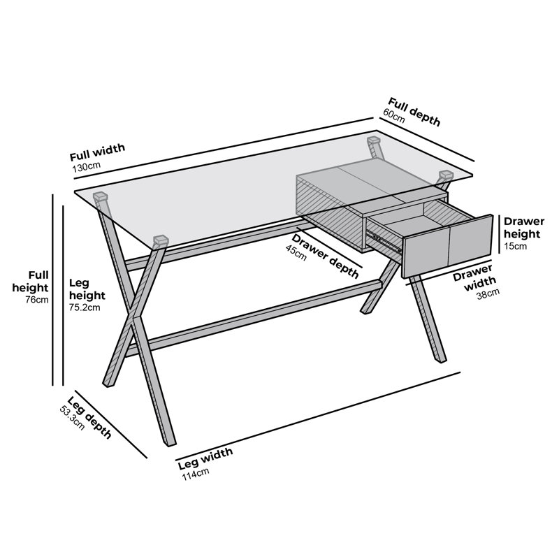 Kol Glass Top Metal Base Writing Desk