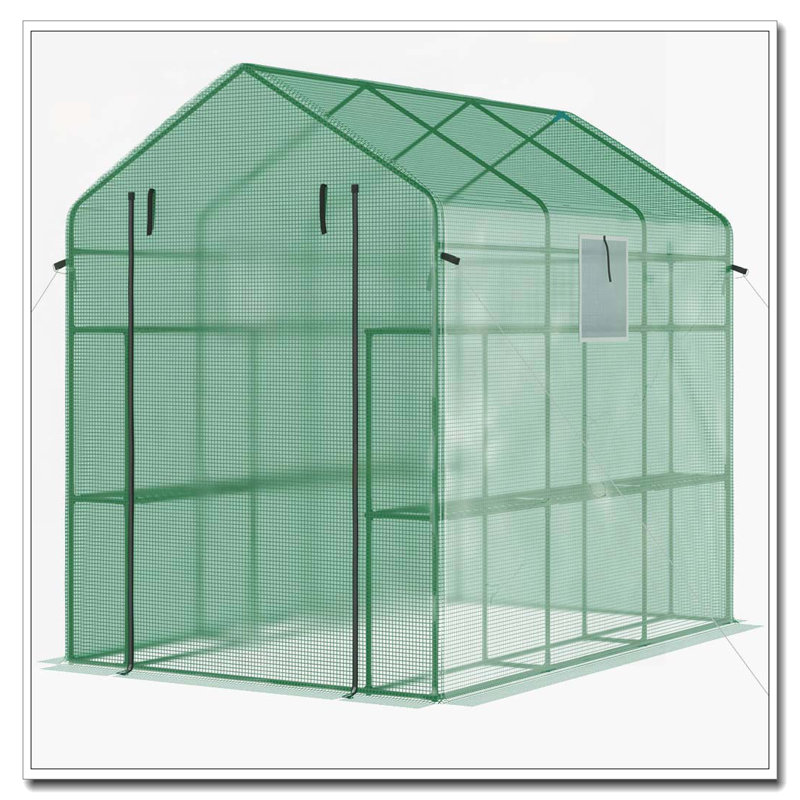 Outsunny 7' x 5' x 6' Walk-in Greenhouse with Mesh Door and Windows, 18 Shelf Hot House with Trellis, Plant Labels, UV protective for Growing Flowers, Herbs, Vegetables, Saplings, Green