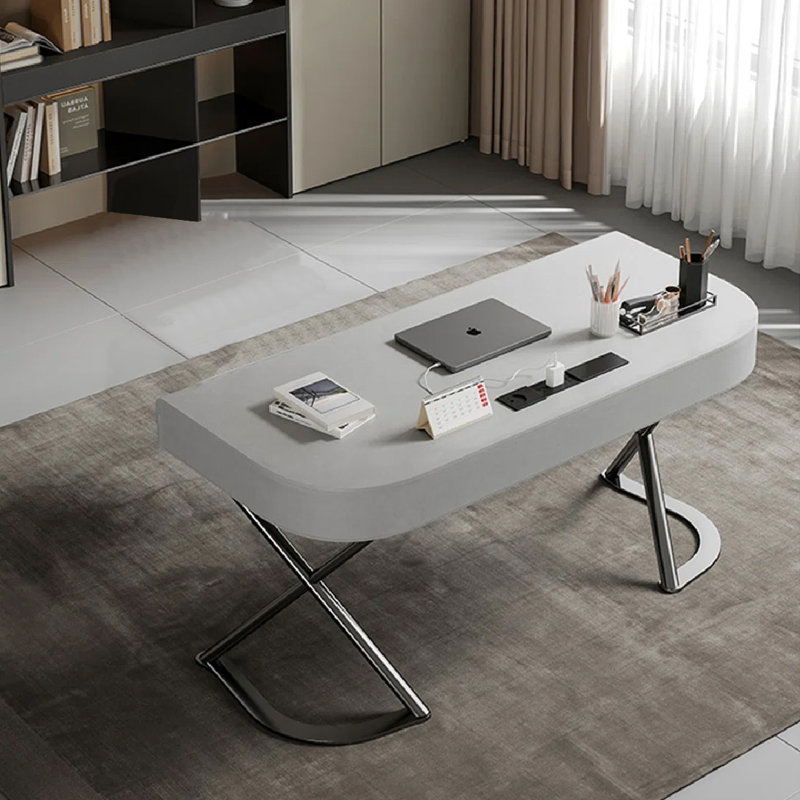 Bureau d'écriture italien minimaliste avec base en métal, Gris, H 29,13 po x l 62,99 po x P 27,56 po