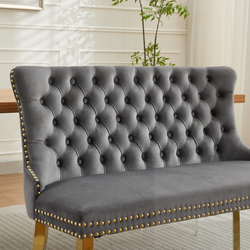 Banc capitonné à 2 places avec pieds, Gris, Gray, Doré