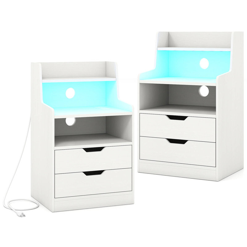 Table de chevet 2 PCS avec station de charge à DEL avec tablettes ouvertes, 2 tiroirs, trous de câbles, blanc, Ensemble de 2