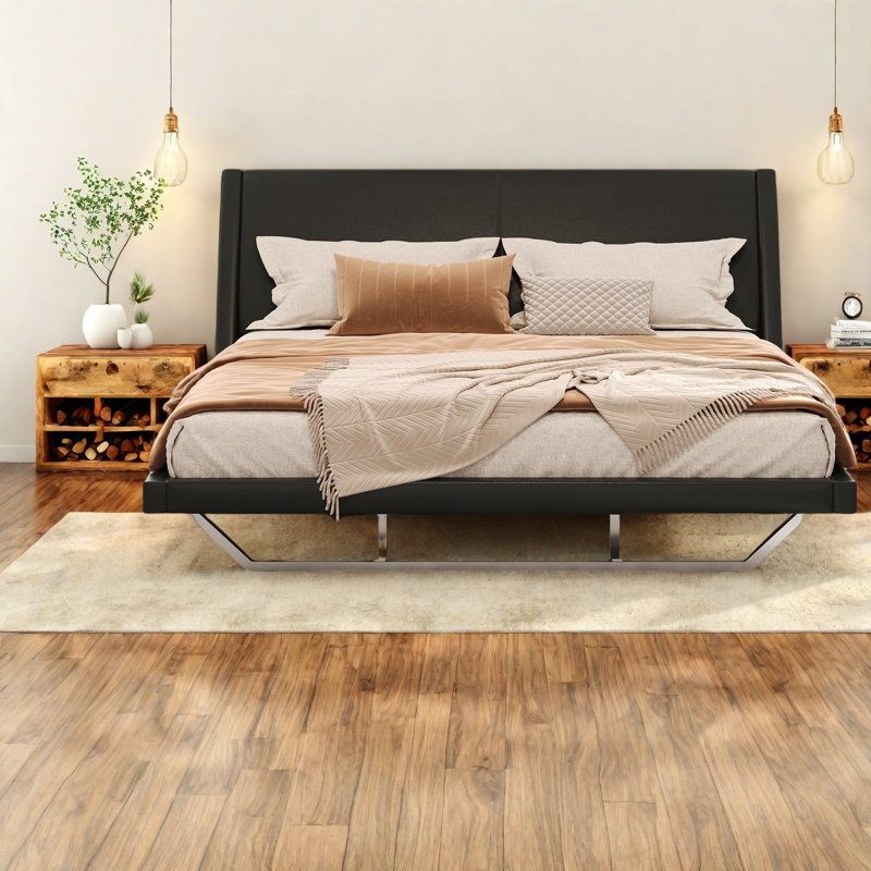 Lit plateforme très grand de qualité supérieure en cuir synthétique noir avec courbes modernes pour la maison