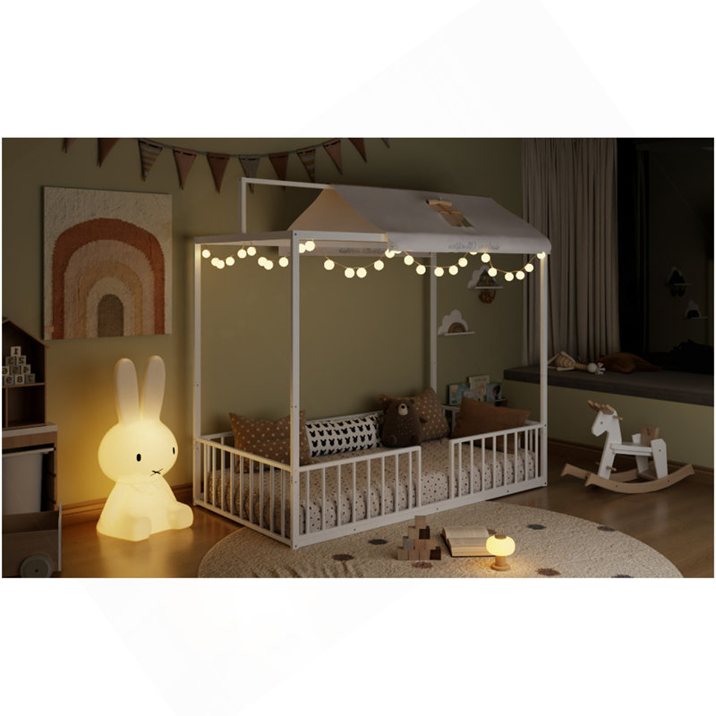 Lit convertible en métal 3 en 1 Montessori, lit pour tout-petits clôturé avec support en lattes de métal robuste, lit à baldaquin de conception minimaliste moderne Funland, assemblage facile, taille simple, blanc