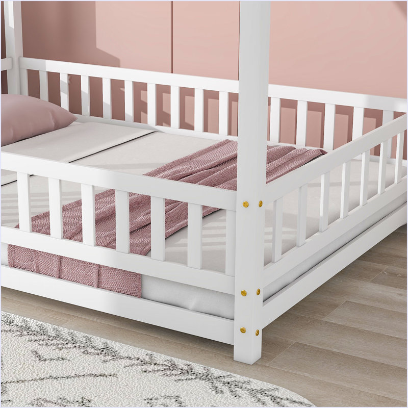 Lit en bois pleine grandeur avec cadre de toit, Blanc / Blanc