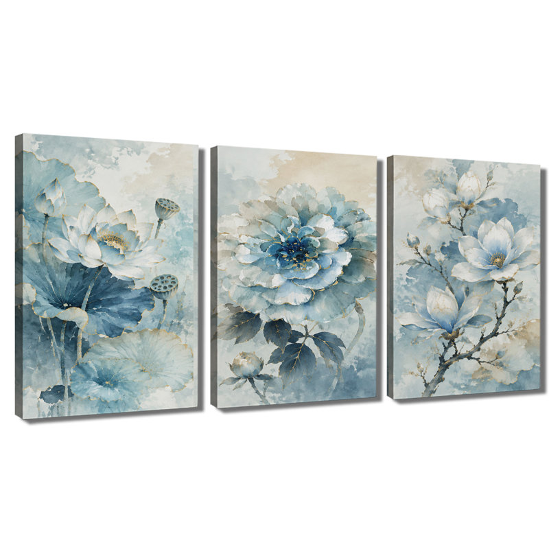 3 panneaux muraux, pivoines de lotus bleues, impression sur toile, 16 * 24 pouces * 3