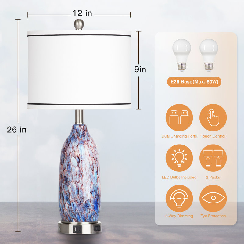 26'' Multicolor Glass Table Lamp Set with USB Ports and Silver Base