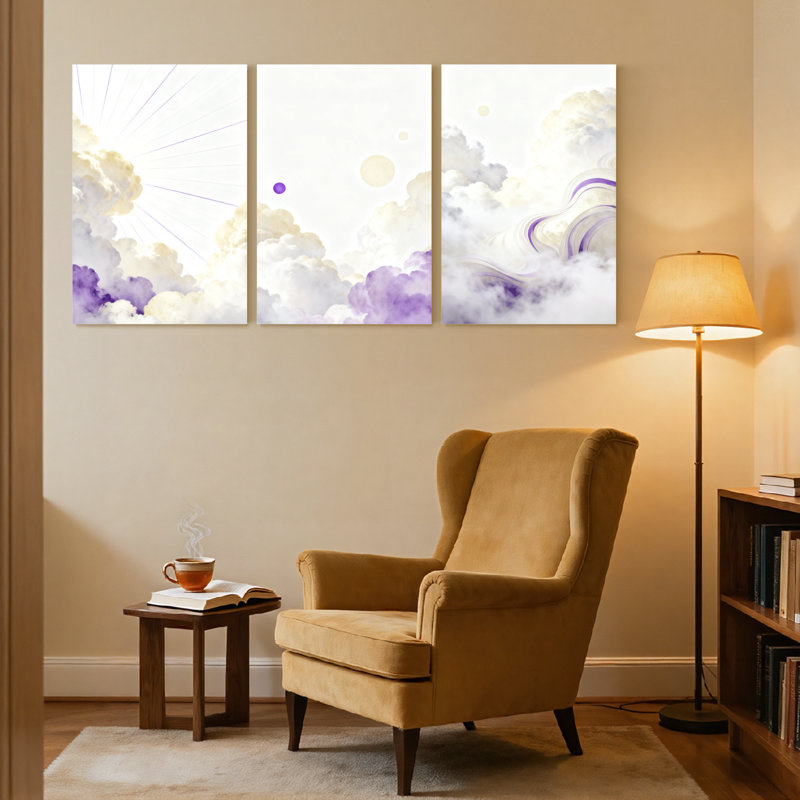 Abstrait doux nuages mauves, reflet de la lumière du ciel mauve, ensemble de 3 impressions sur toile, H 18 po x l 36 po