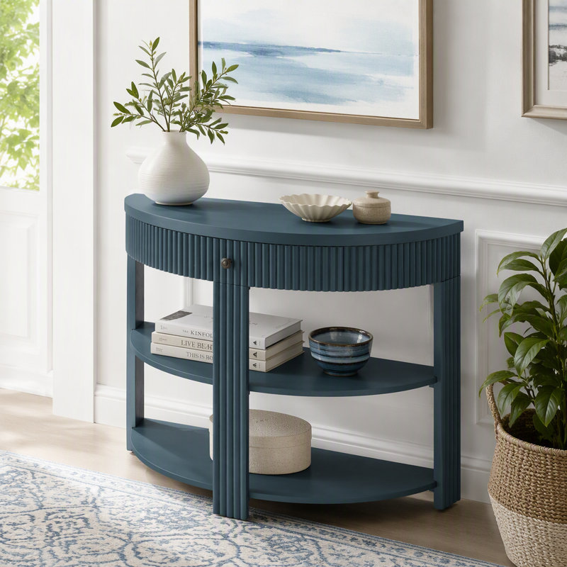 Console cannelée demi-lune avec tiroir et tablettes, Marine
