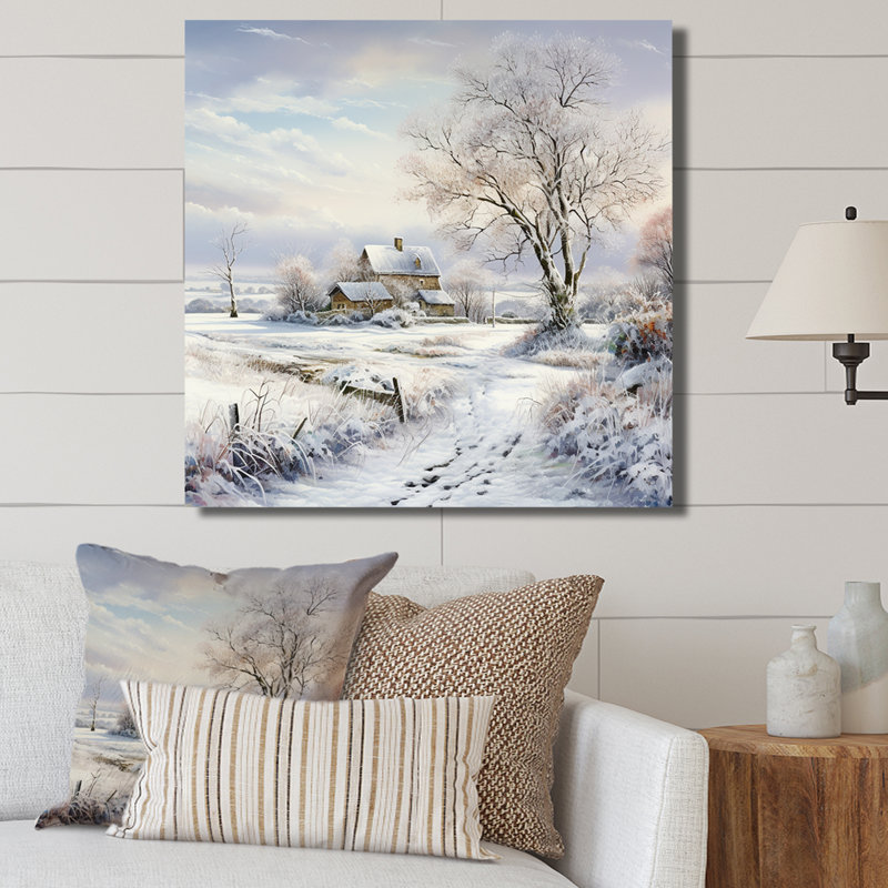 «Farmhouse Snow Winter Scenery» - art mural neige, H 30 po x l 30 po x P 1 po, Toile tendue