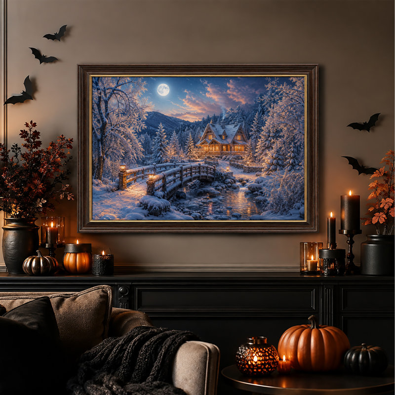 Cabane d'hiver avec fenêtres illuminées et pont en bois - Toile murale d'Halloween, H 12 po x l 18 po