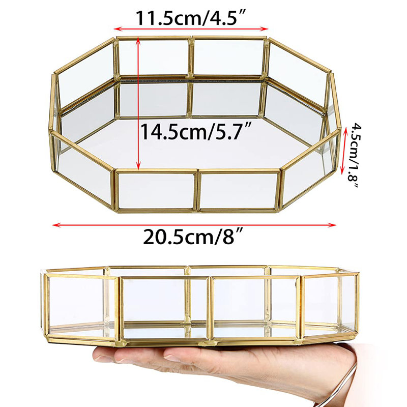 Mirror Glass Vanity Tray - Gold Ornate Makeup Vintage Octagonal Perfume Dresser Jewelry Trinket Organizer For Bathroom Storage Home Decor