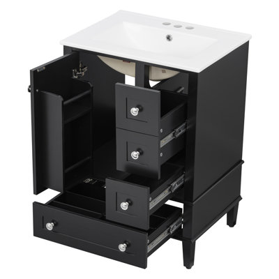 Meuble-lavabo moderne de 24 po avec lavabo, armoire en bois massif avec 3 tiroirs de tri et poignées en alliage de zinc noir