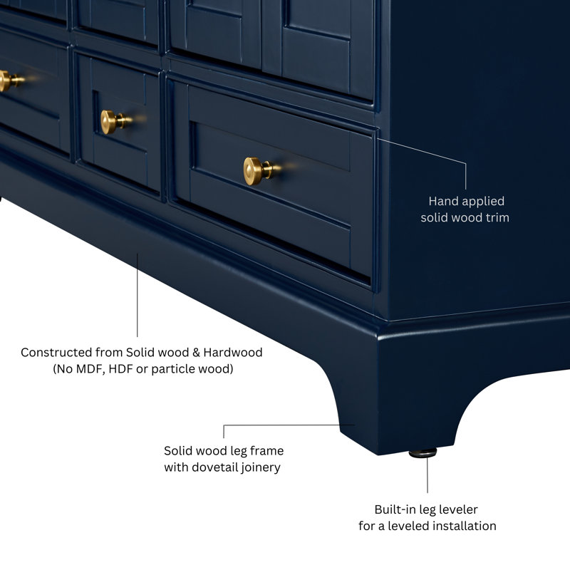 Audrey 66 in. Handmade Double Vanity, Heritage Blue | Brushed Gold, Carrara White