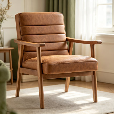 Mid-Century Modern Accent Chair with Solid Wood Frame & Open-Framed Arms, Leather-Look Microfiber Armchair, Plush Padded Seat & Back Cushion for Living Room Bedroom Office