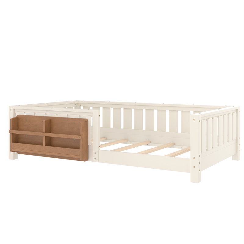 Twin bed with built-in bookshelf and high-quality safety guardrail,Beige, Beige, Twin
