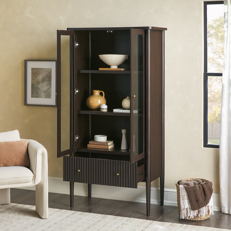 Aleric Modern Fluted Glass Bookshelf Cabinet, Dark Brown Oak