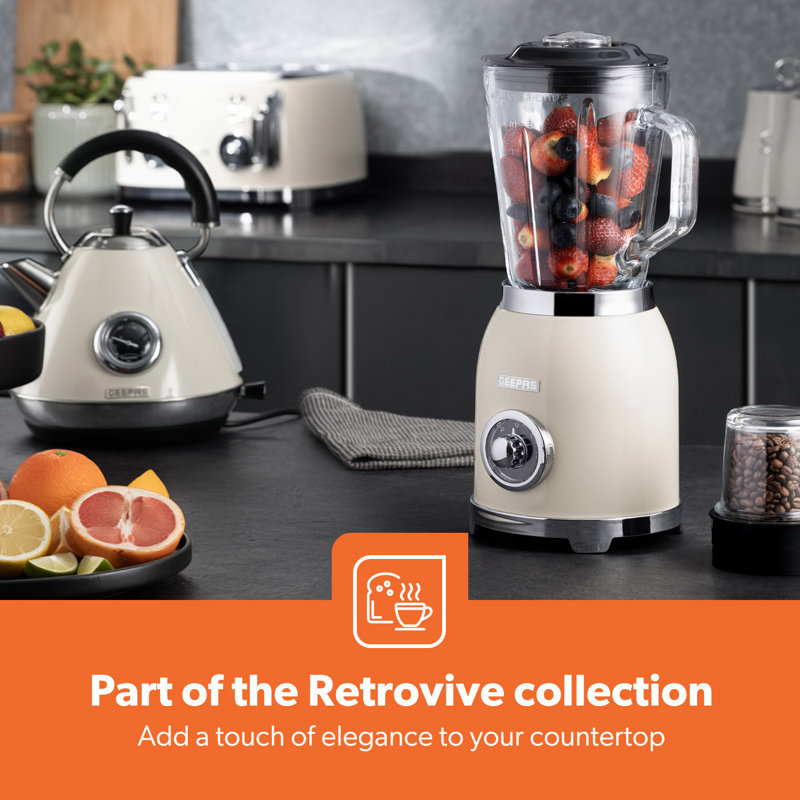 GEEPAS Retrovive 2-in-1 Food Jug Blender | Smoothie Maker with 1.5L Glass Juice Jar & Mini Coffee Spice Grinder Mill | 6 Stainless Steel Ice Crusher Blades | 2 Speed with Pulse Safe Lock | 800W