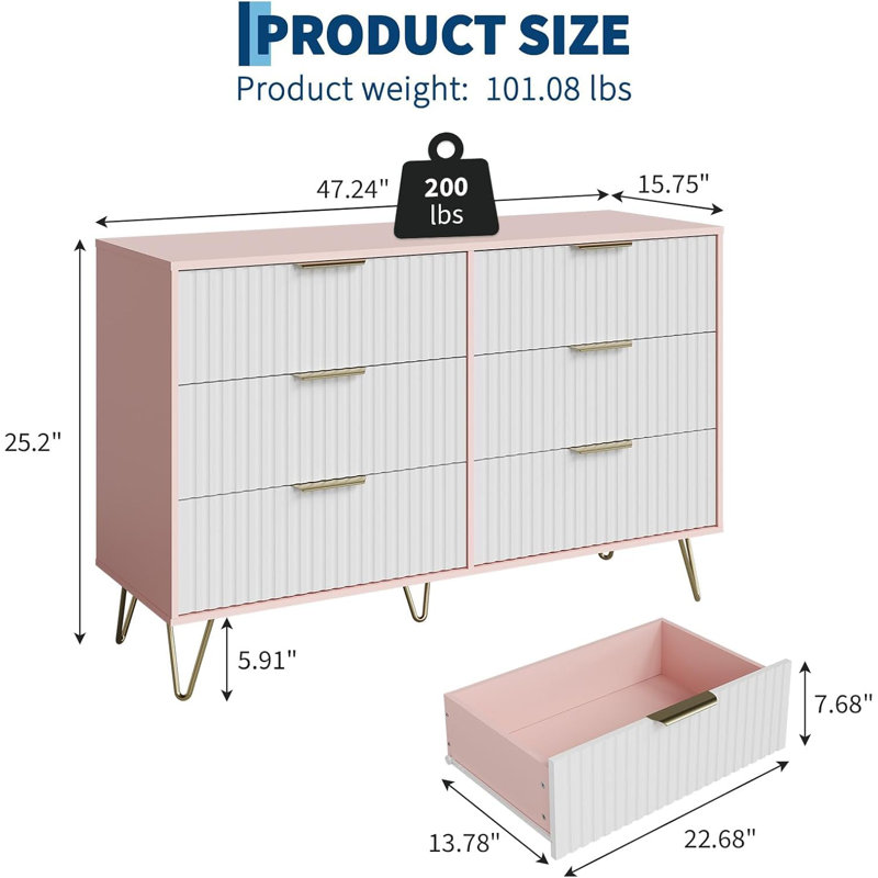 Commode 6 tiroirs 47 po de large pour chambre, Rose