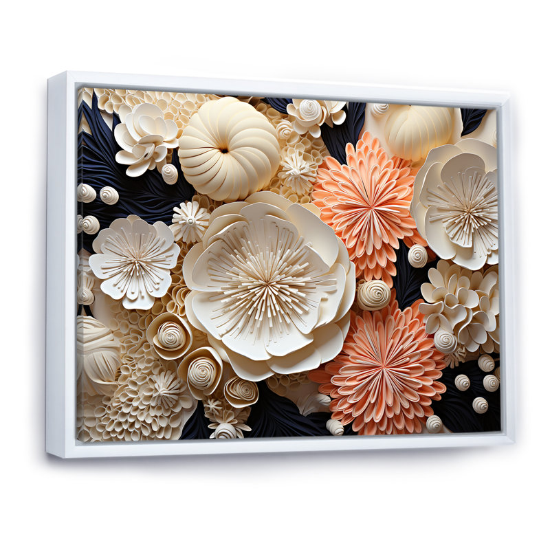 Collage abstrait de fleurs de corail sur toile, Cadre flottant blanc, H 34 po x l 44 po x P 1,5 po