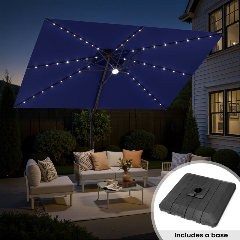 Parasol rectangulaire en porte-à-faux à DEL 12 pi x 9 pi avec base lestée, Navy Blue