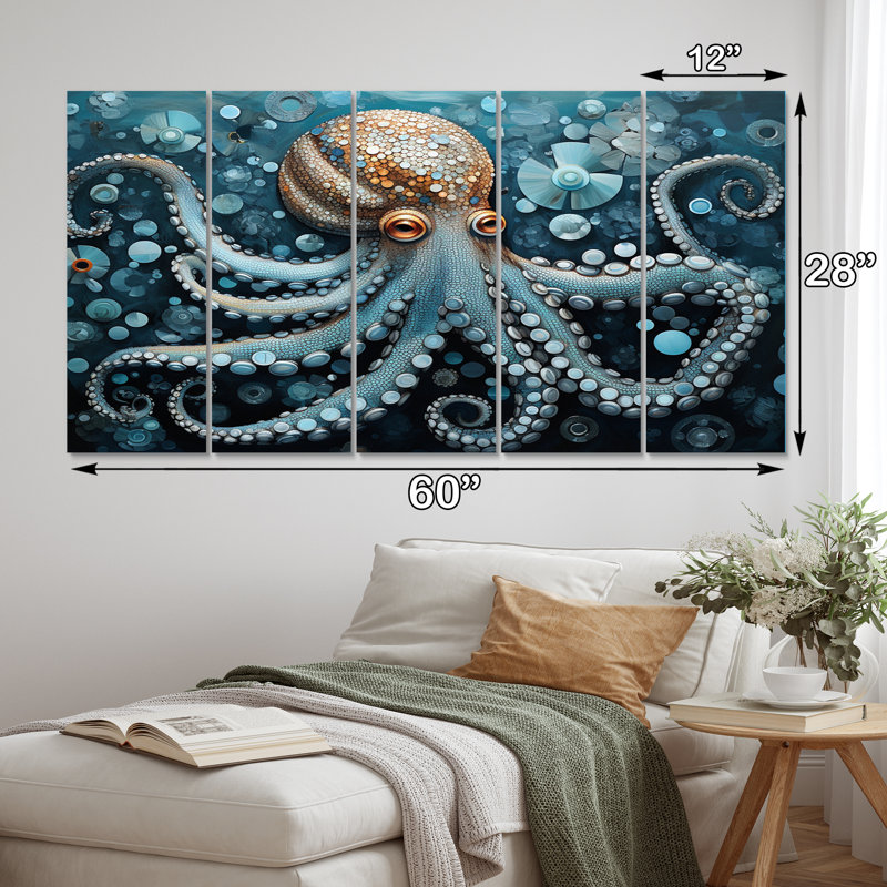 Portrait de pieuvre mystique bleue, peinture III - animaux, pieuvre, reproduction d'art sur toile - 5 panneaux égaux