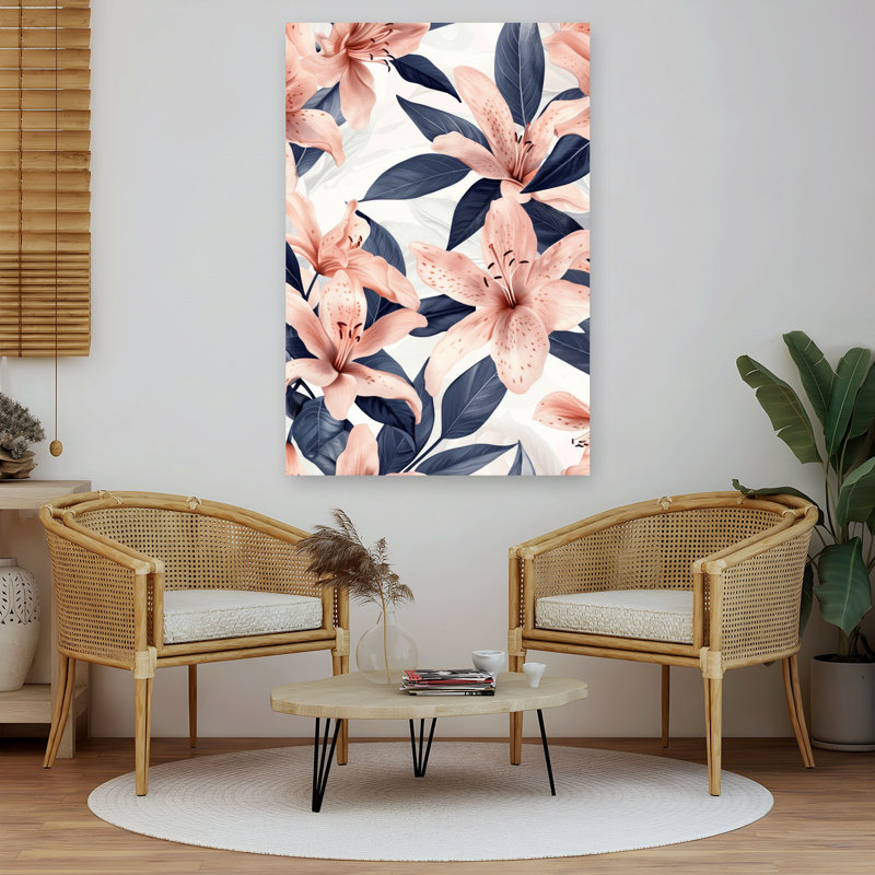«Elegant Peach Lilies», art mural moderne et abstrait avec fleur de lys, H 60 po x l 40 po