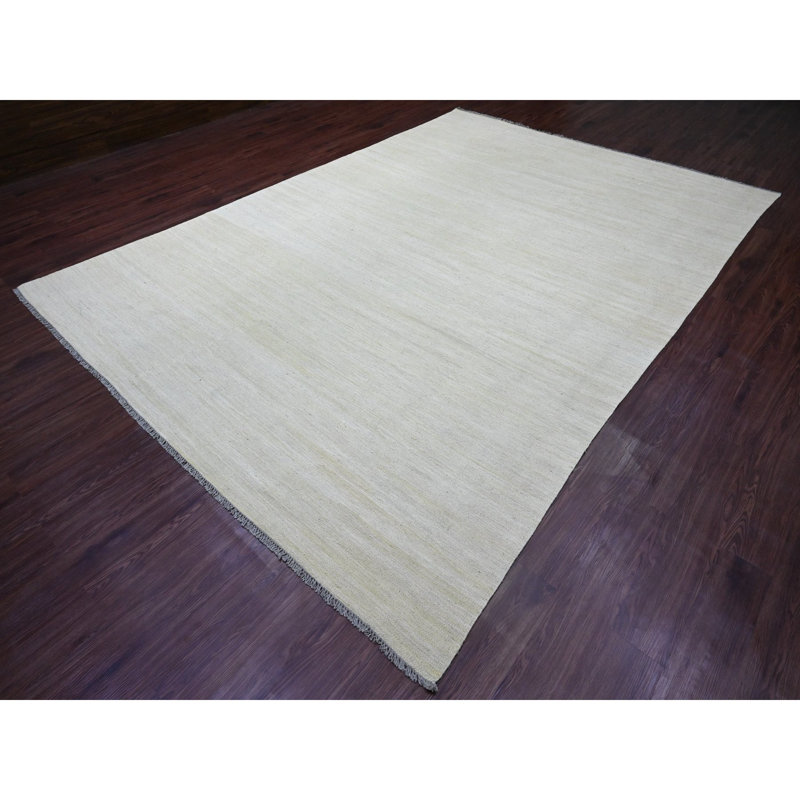 Beige 8 pi 9 po x 12 pi 4 po, tissage plat, motif uni, kilim afghan, laine filée à la main, colorants végétaux, tapis oriental