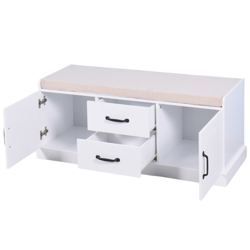 Meuble à chaussures en bois avec 2 tiroirs et 2 portes avec banc de rangement pour le salon et coussin blanc