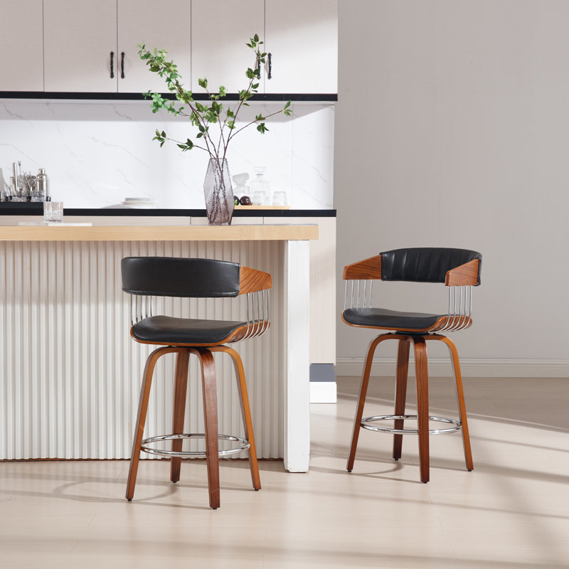 Chaise pivotante moderne et élégante à hauteur de siège baquet de 26 po avec dossier et accoudoirs, Siège noir / cadre brun